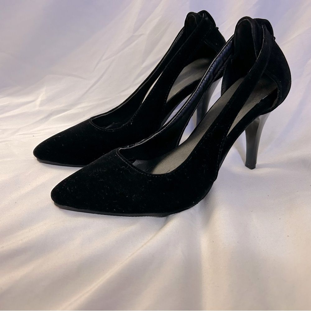 Black velvet with cut out heels size 7.5